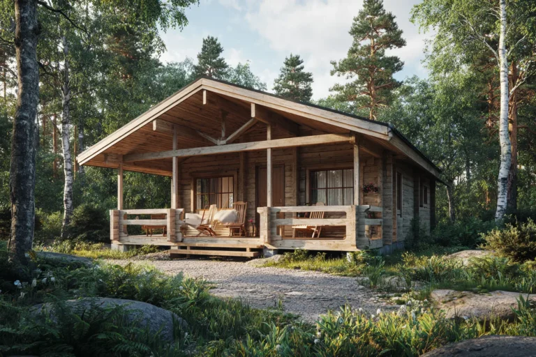 Hirsinen saunamökki katetulla terassilla mäntymetsän reunassa