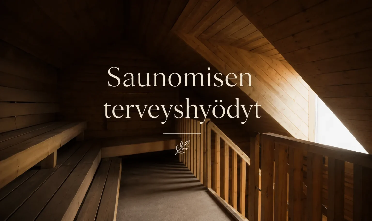 Artikkelin kansikuva: hämärä sauna ja teksti Saunomisen terveyshyödyt