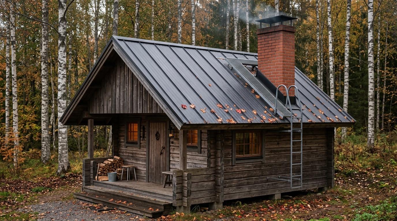 Pihasaunan harjakatto syksyllu00e4, talotikas ja kattosilta johtavat savupiipulle